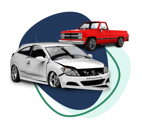 White damaged car side view with front bumper and hood damage